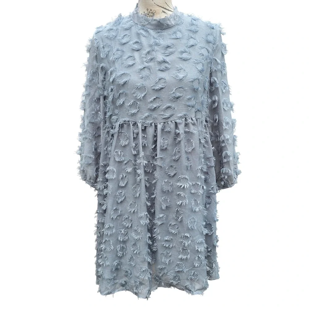Zara Textured Fringe Circle Applique Babydoll Mini Dress Dusty Blue Small - Picture 2 of 10